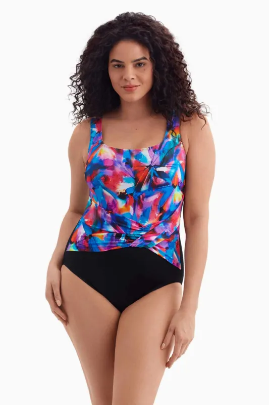 Plus Size Long Torso Twist Pull Sash Tank One Piece - Brushpainter sold by Longitude
