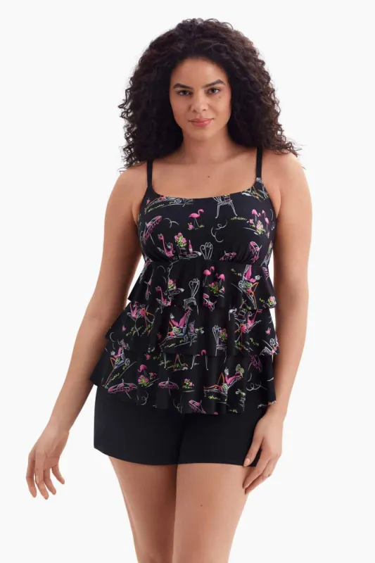 Long Torso Ruffle Faux Shortini - Flamingo Hotel sold by Longitude