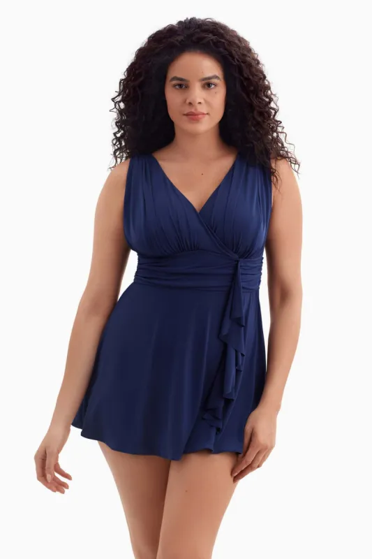 Plus Size Long Torso Ruffle Goddess Swim Dress - Navy Solidtude sold by Longitude