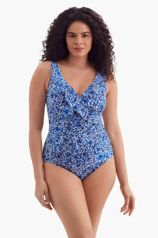 Plus Size Long Torso Ruffle Front Surplice One Piece - Fine China sold by Longitude