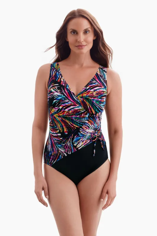 Plus Size Long Torso Shirred Faux Tie Surplice One Piece - Coolangata sold by Longitude