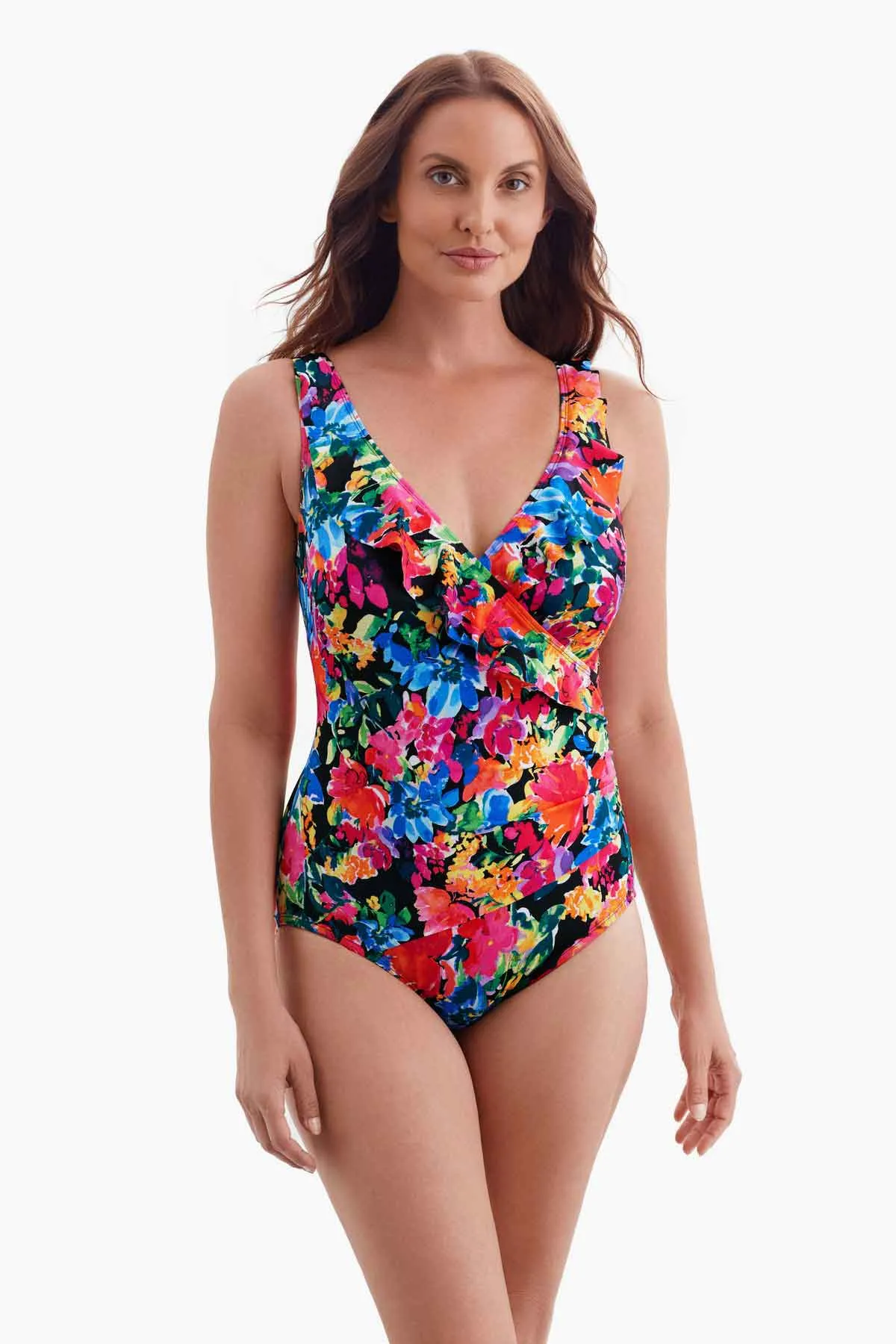 Plus Size Long Torso Ruffle Front Surplice One Piece - Blooming Bouquet sold by Longitude