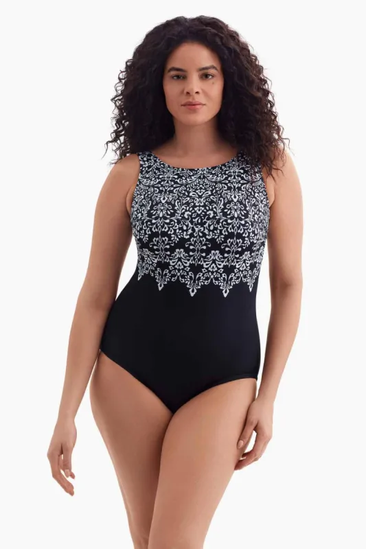 Plus Size Long Torso Scoopback Highneck One Piece - Garland Edge sold by Longitude