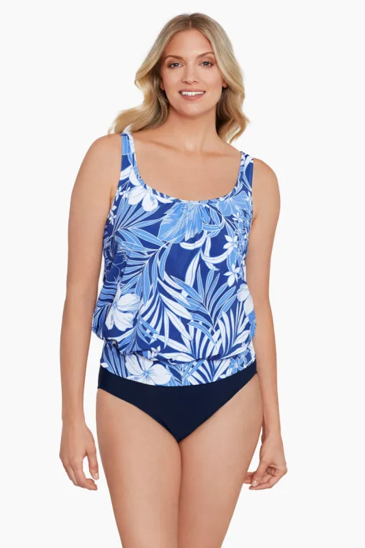 Shirred Neck Blouson Tankini Top - In My Blues sold by Longitude