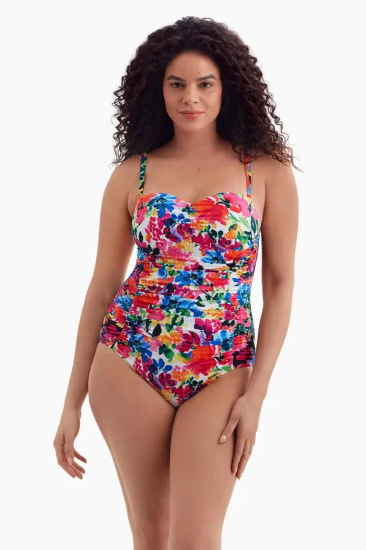 Long Torso Shirred Sweetheart Tank One Piece - Blooming Bouquet sold by Longitude