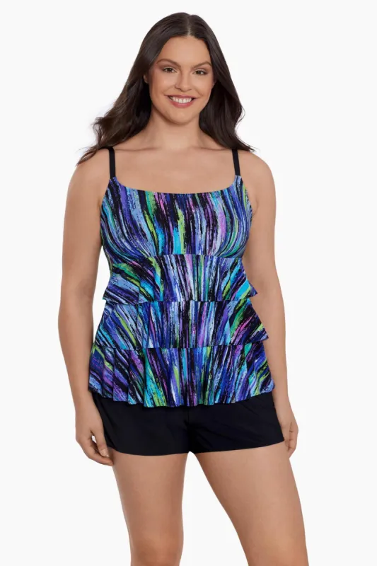 Long Torso Ruffle Faux Shortini - Brilliant Streaks sold by Longitude