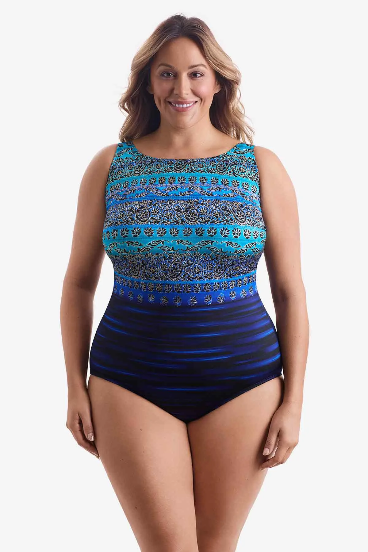 Plus Size Long Torso Scoopback Highneck One Piece - Just Shine sold by Longitude