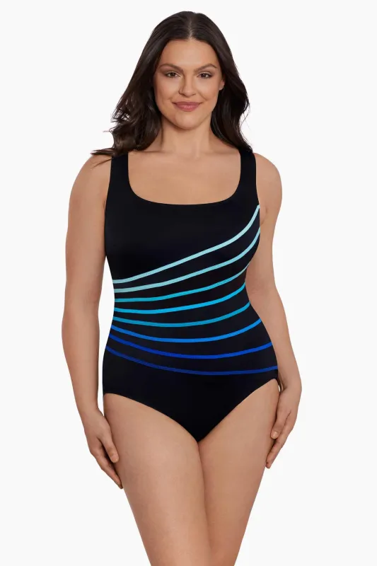 Block It Up 8 Overlay Fan Tank Long Torso One Piece Swimsuit Block It Up - Blue sold by Longitude