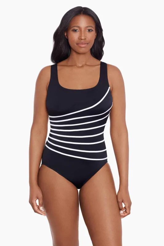 Block It Up 8 Overlay Fan Tank Long Torso One Piece Swimsuit Block It Up - Black & White sold by Longitude