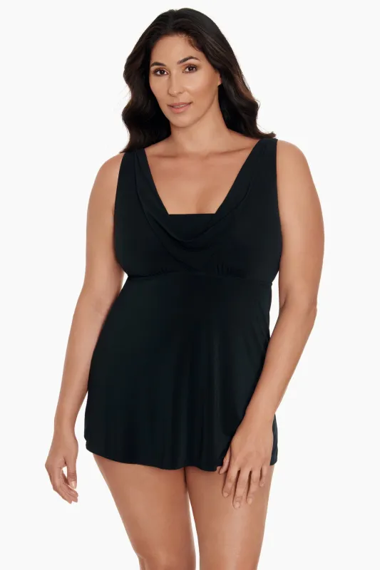 Black Tie Long Torso Cowl Neck Swim Dress - Black sold by Longitude