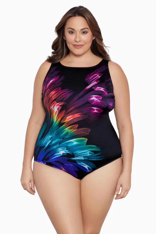 Plus Size Long Torso Panel Scoopback Highneck One Piece - Hard Candy sold by Longitude