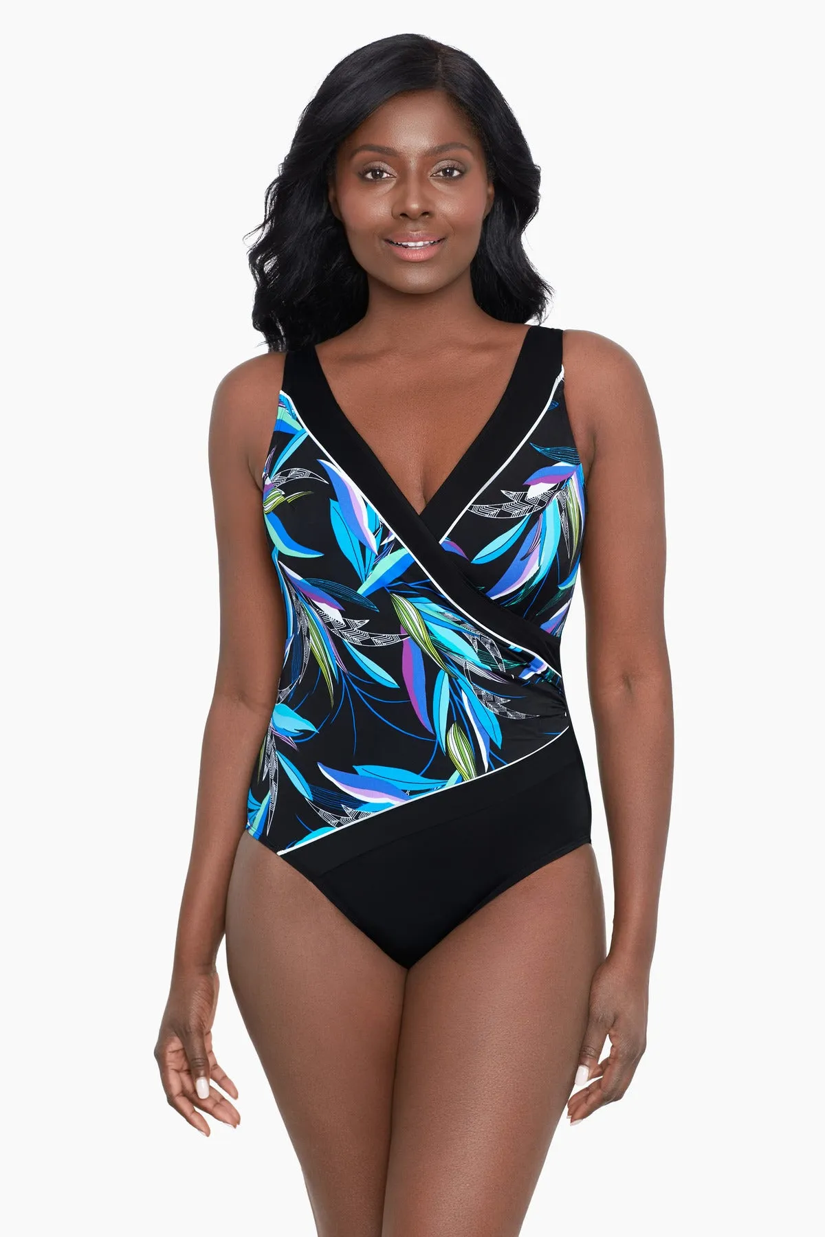 Long Torso Side Shirred Surplice One Piece - Funky Leaf sold by Longitude