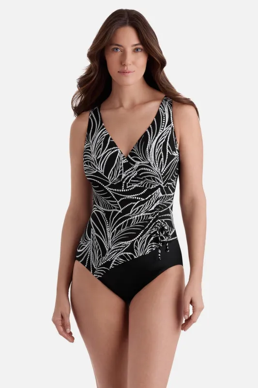Long Torso Ruffle Surplice One Piece - Night Fern sold by Longitude