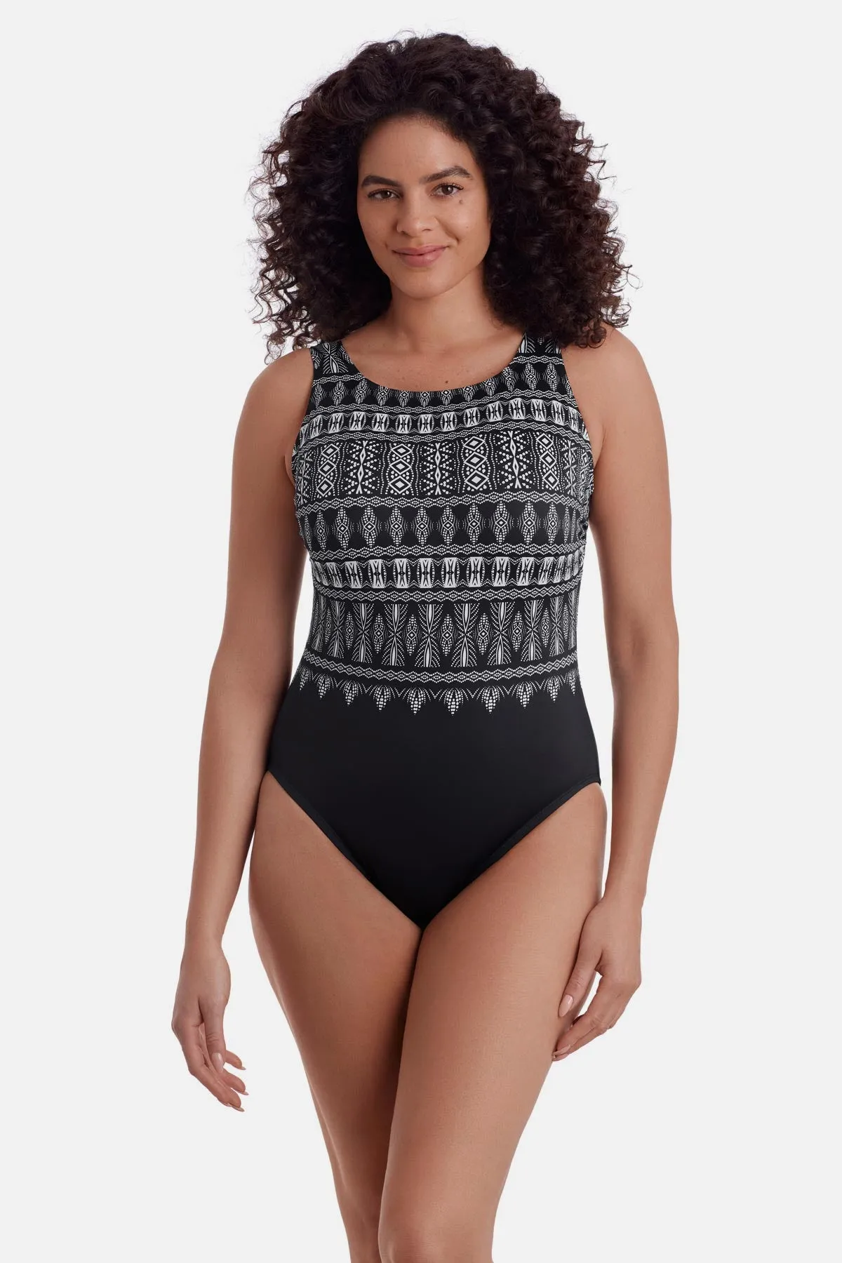Modern Leg Long Torso Scoopback Highneck One Piece - Tribal Nights sold by Longitude