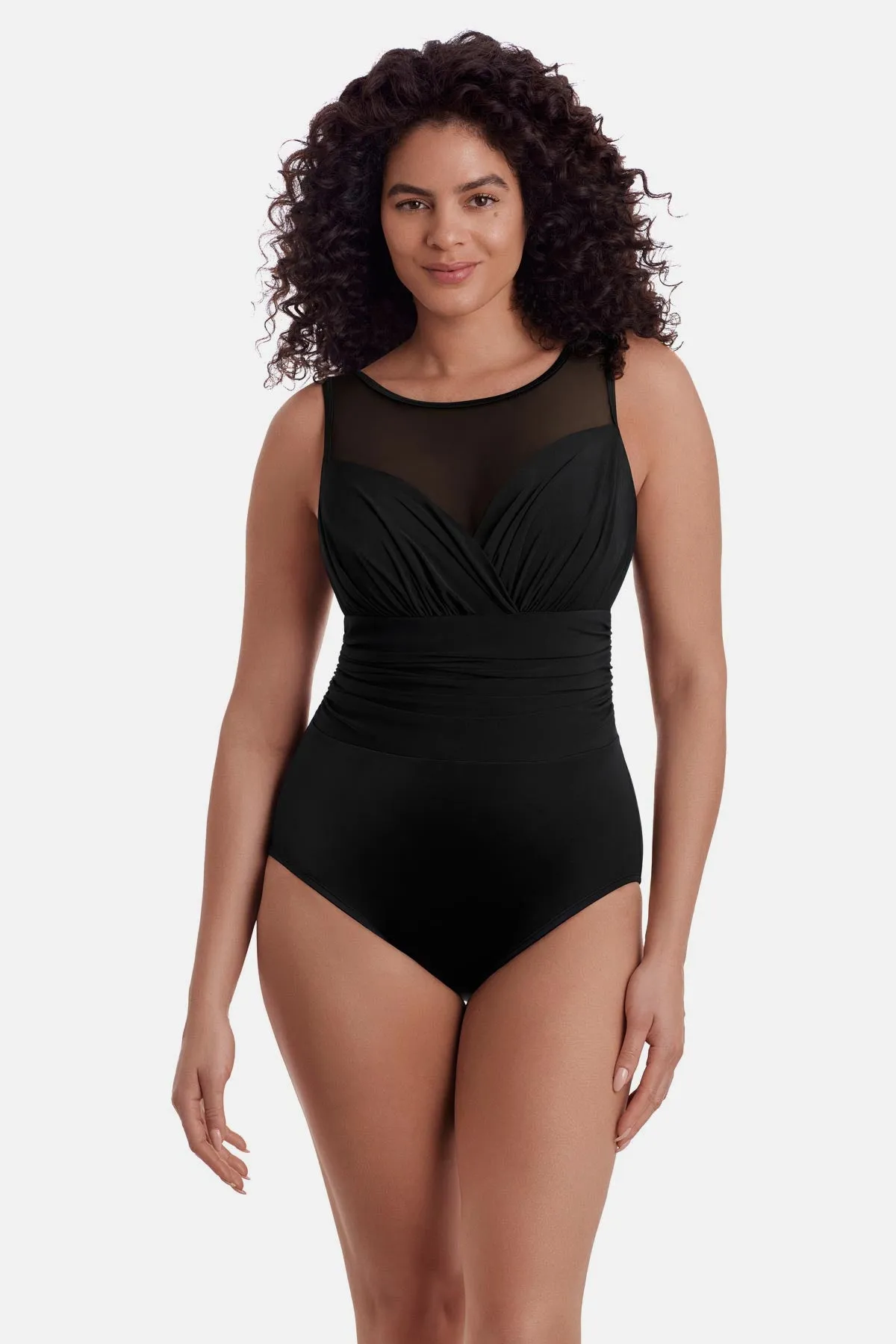 Plus Size Long Torso Mesh Highneck One Piece - Black Solidtude 2.0 sold by Longitude