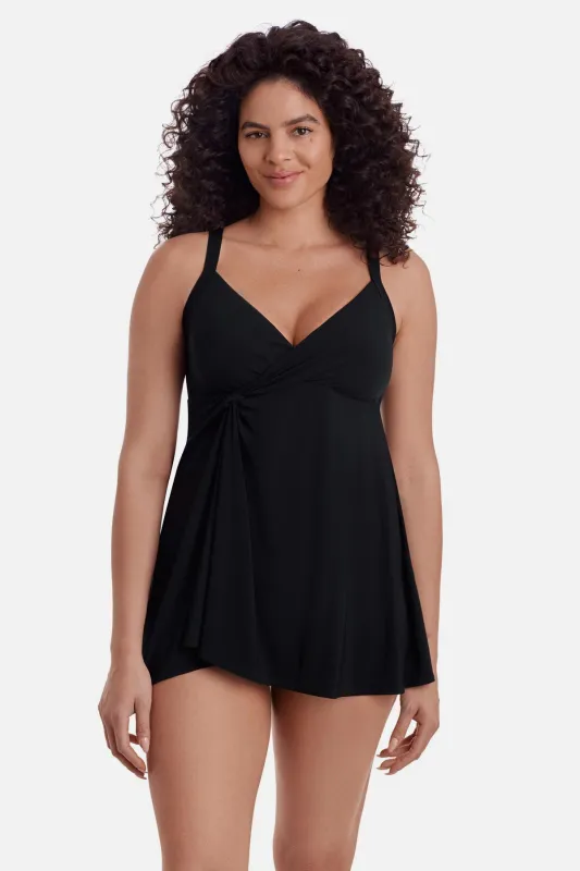 Plus Size Long Torso Twist Side Swim Dress - Black Solidtude 2.0 sold by Longitude
