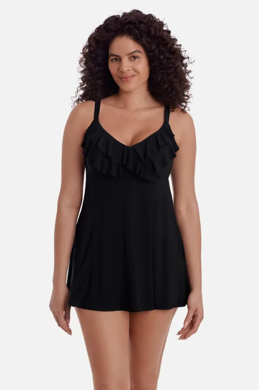 Long Torso Ruffle Swim Dress - Black Solidtude 2.0 sold by Longitude