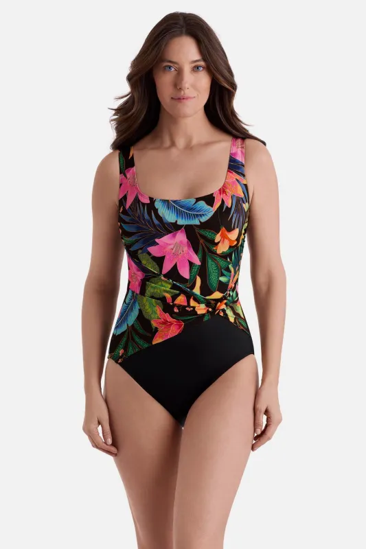 Long Torso Twist Sash Tank One Piece - Midnight Plumeria sold by Longitude
