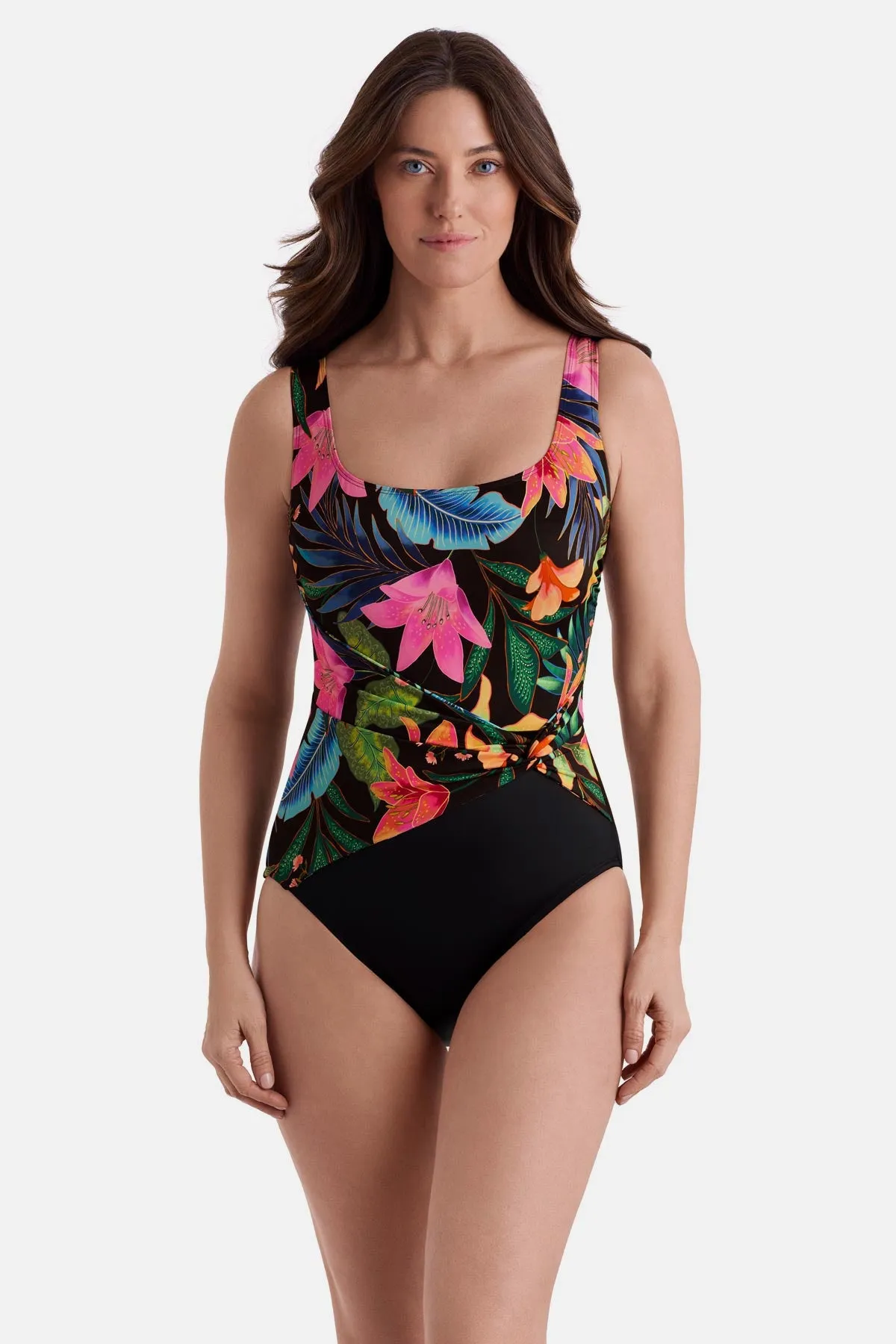 Long Torso Twist Sash Tank One Piece - Midnight Plumeria sold by Longitude