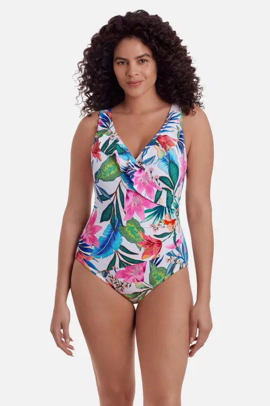 Long Torso Ruffle Front Surplice One Piece - Midnight Plumeria sold by Longitude