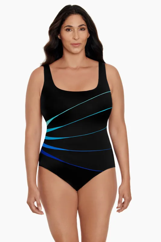 Colorblock Long Torso Piped Fan Tank One Piece - Blue sold by Longitude