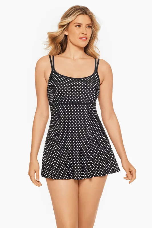 Long Torso Empire Princess Seam Swim Dress - Pin Dot sold by Longitude