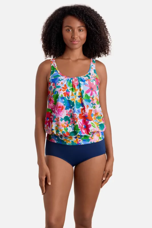 Shirred Neck Blouson Tankini Top - Summer Splash sold by Longitude