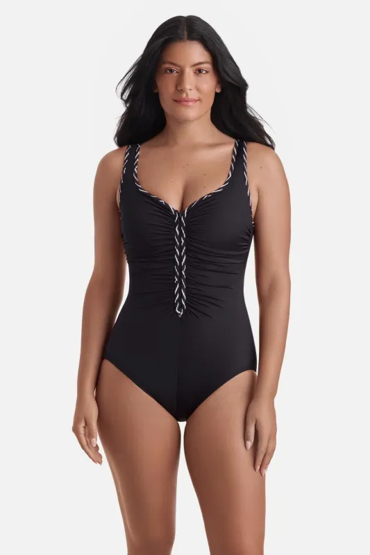 Shirred Zipper Tank One Piece - In Graphic Detail made by Longitude