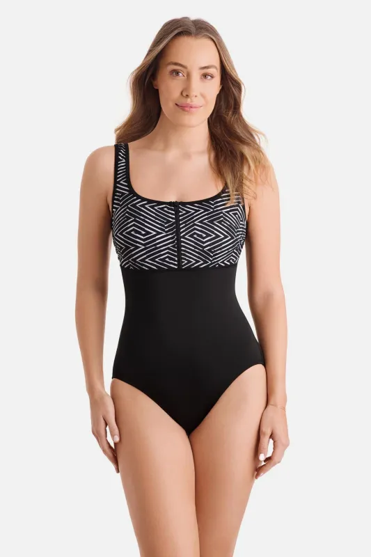 Scoopneck Zipper Tank One Piece - In Graphic Detail sold by Longitude