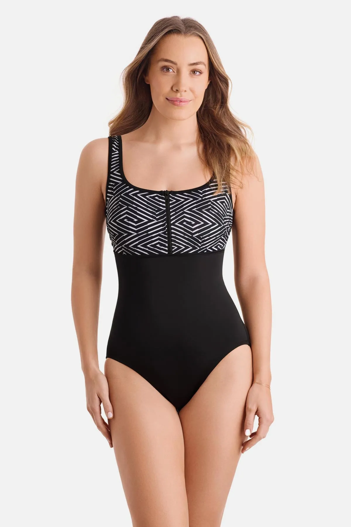 Scoopneck Zipper Tank One Piece - In Graphic Detail sold by Longitude