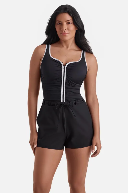 Shirred Zipper Runaround One Piece - Solid Sports sold by Longitude