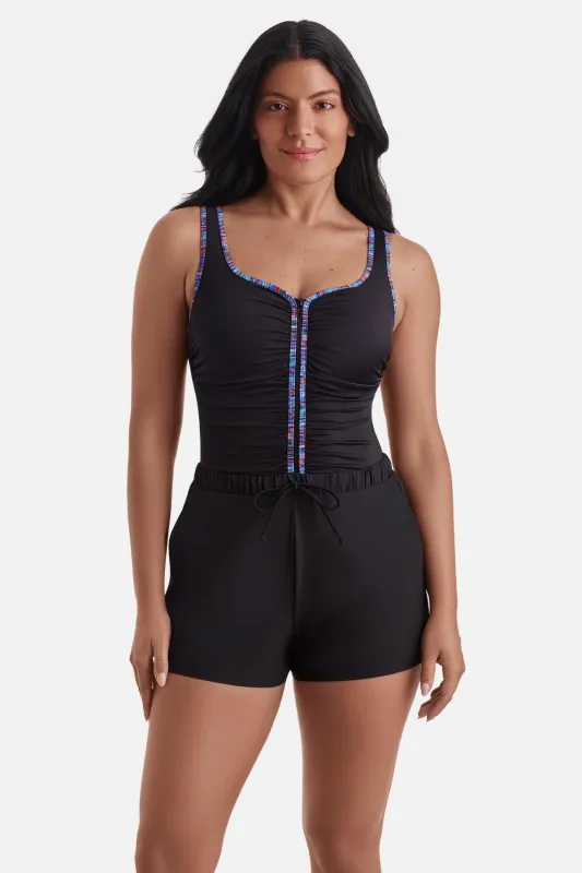 Shirred Zipper Runaround One Piece - Marble Swirl sold by Longitude