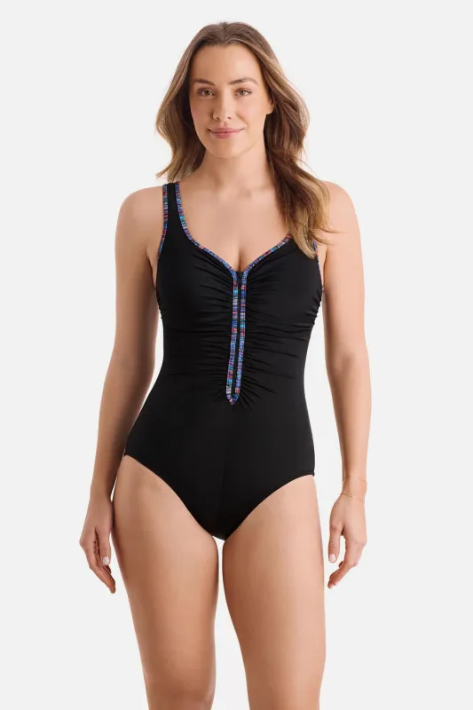 Shirred Zipper Tank One Piece - Marble Swirl sold by Longitude