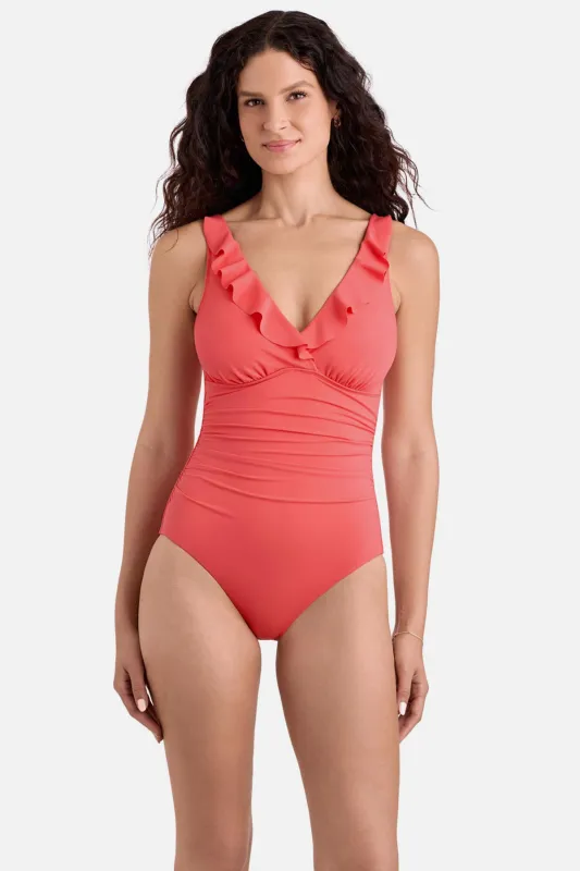 Kayla Ruffle Underwire One Piece - Coral sold by Longitude