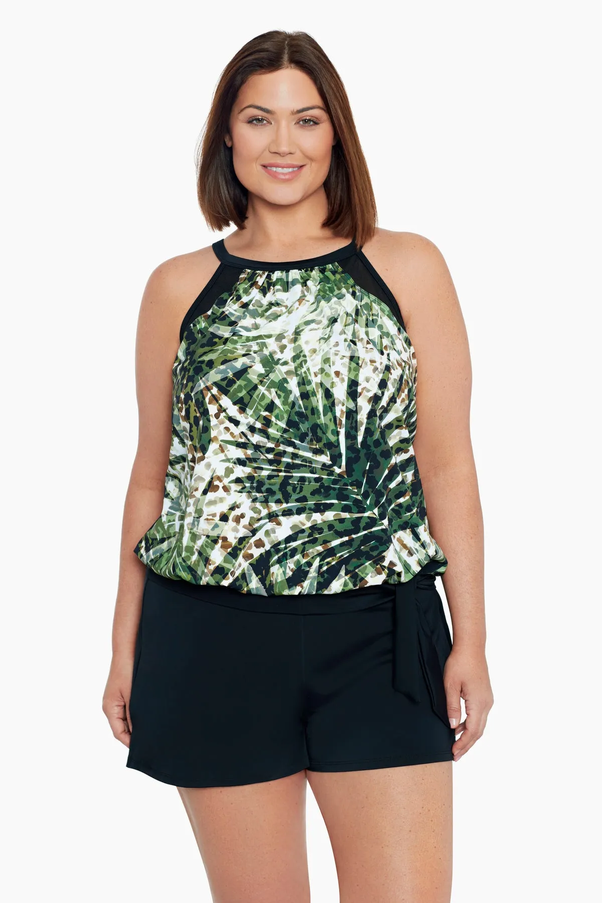 Plus Size High Neck Blouson Tankini Top W/ Mesh Inserts - Wild Leaf sold by Longitude