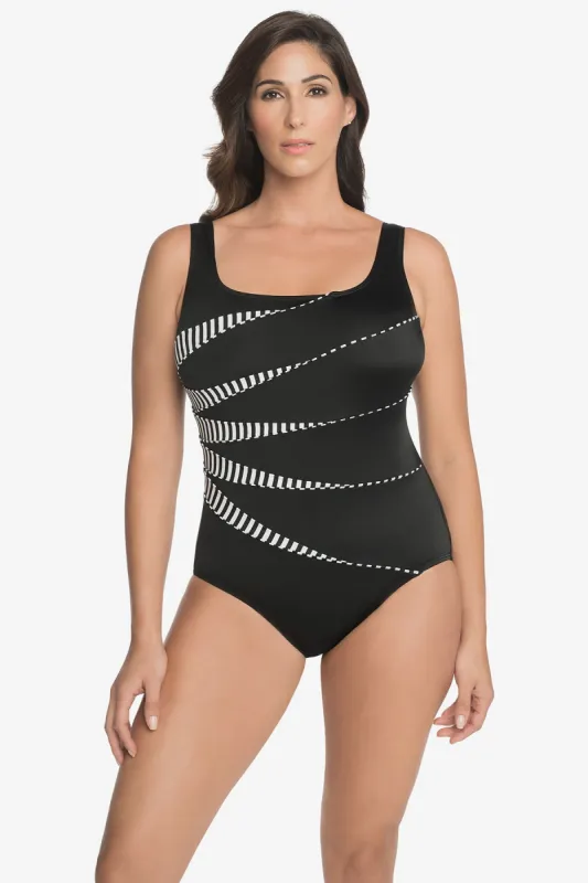 Piping Fan Tank Long Torso One Piece Swimsuit Mod Squad sold by Longitude