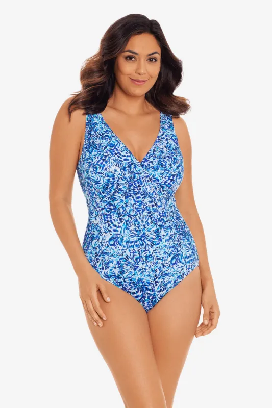 Ruffle Front Surplice One Piece Long Torso Swimsuit Ocean Air sold by Longitude