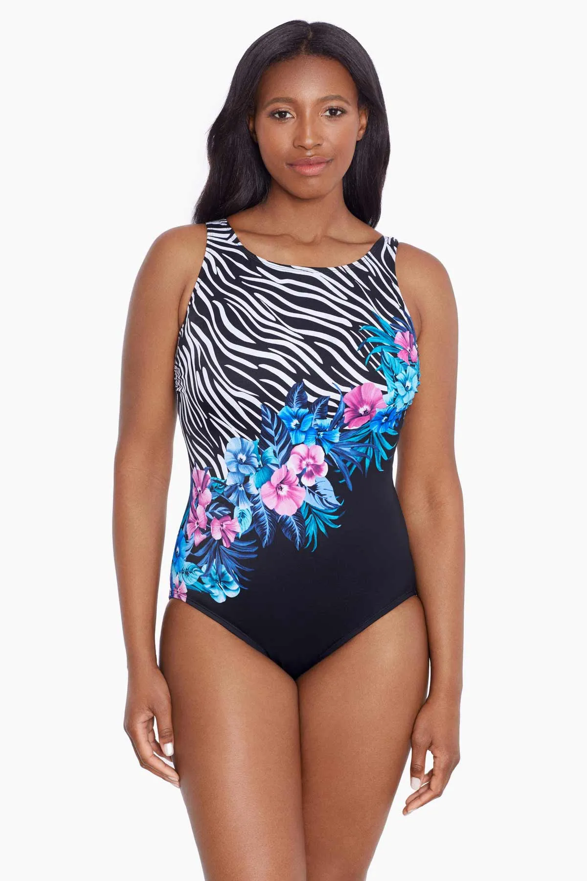 Long Torso Panel Scoopback Highneck One Piece - Glamour Floral sold by Longitude