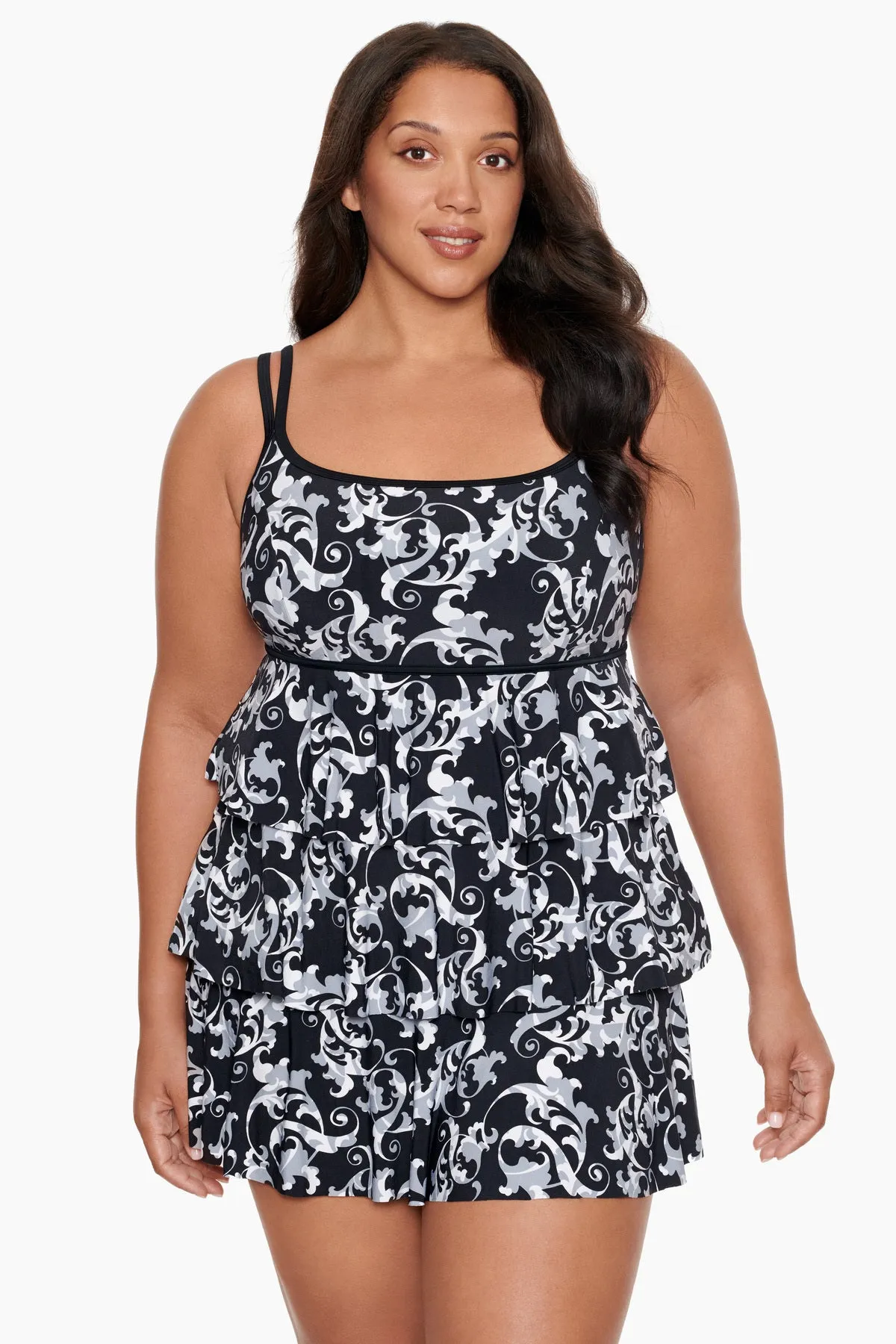 Plus Size Long Torso Triple Tier Swim Dress - Caprice sold by Longitude