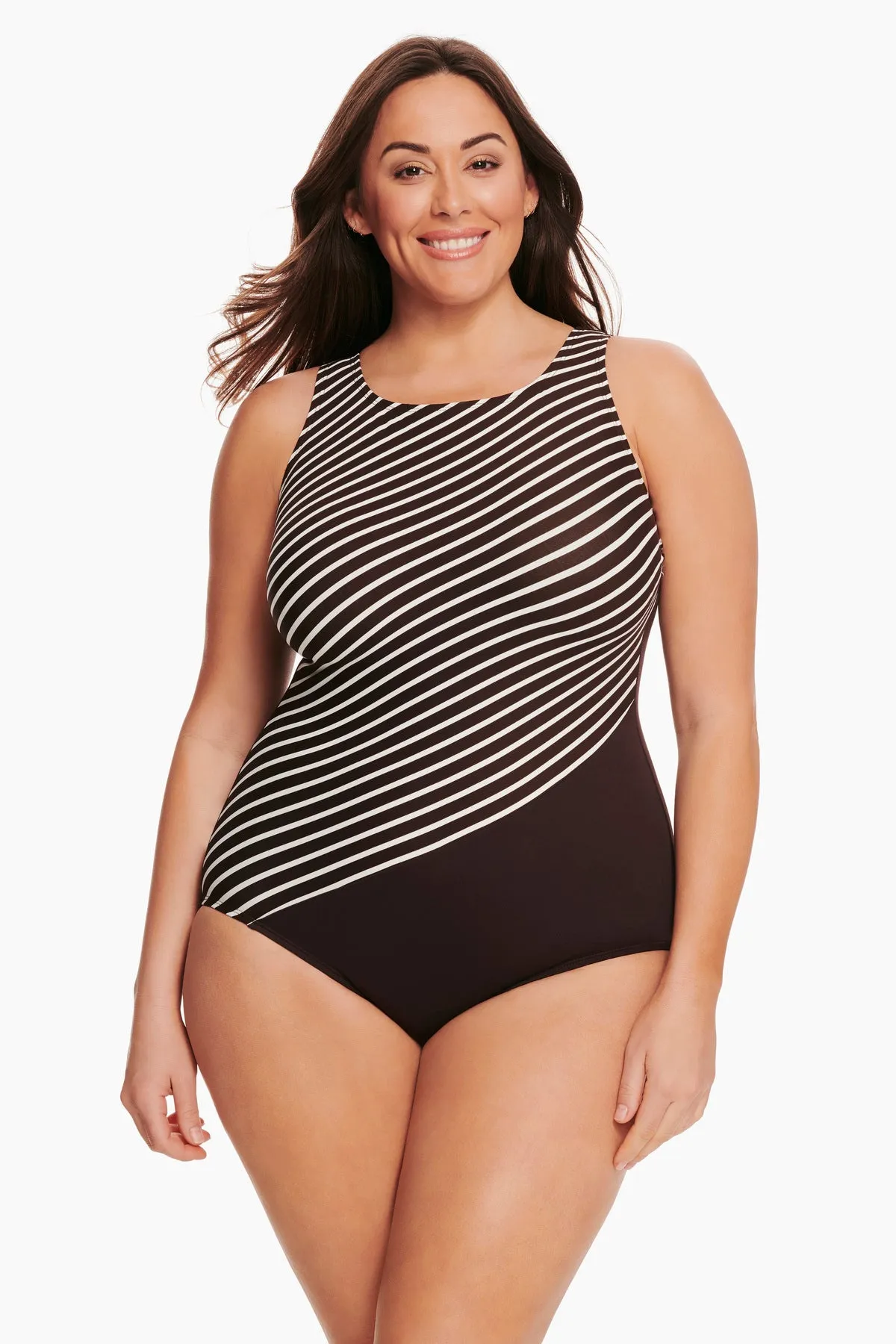 Plus Size Scoopback Highneck Long Torso One Piece Swimsuit Signature Stripe sold by Longitude