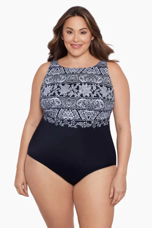 Night Seas Plus Size Long Torso Scoopback Highneck One Piece sold by Longitude