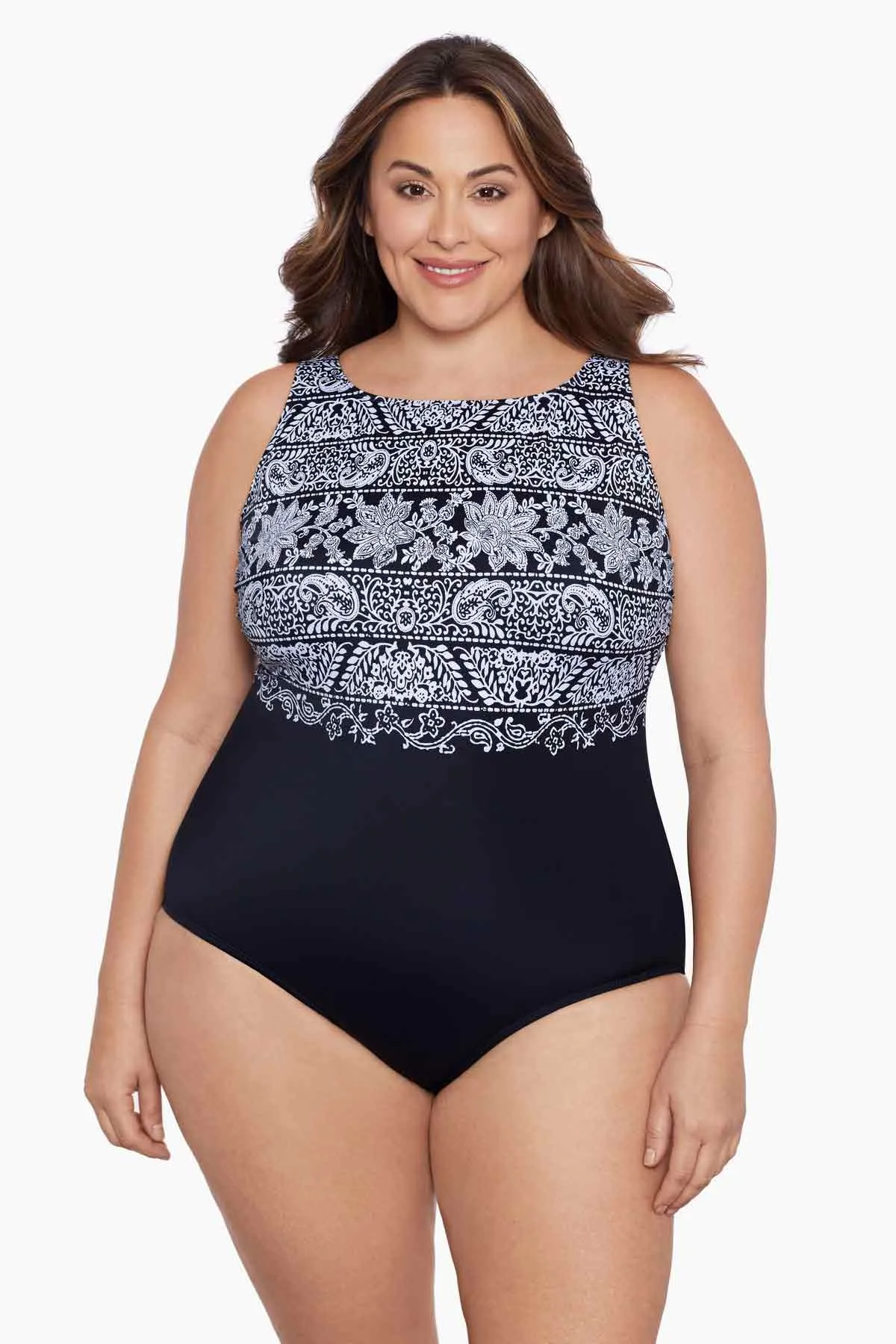 Night Seas Plus Size Long Torso Scoopback Highneck One Piece sold by Longitude