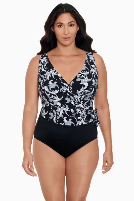 Long Torso Side Tie Draped Surplice One Piece - Caprice sold by Longitude