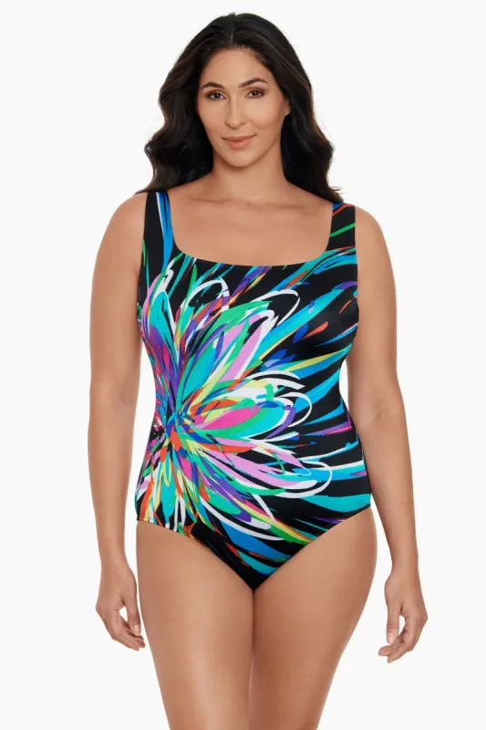 Panel Scoopneck Tank Long Torso One Piece Swimsuit Floral Burst sold by Longitude