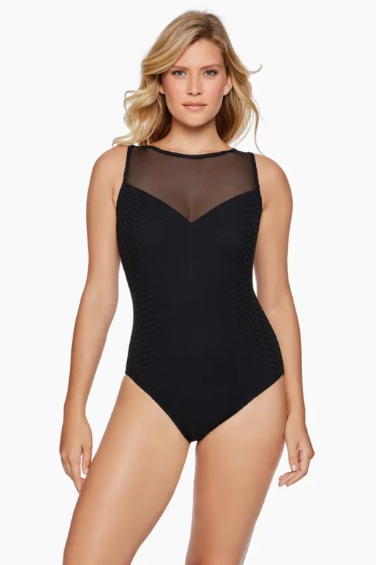 Half Moon Texture Long Torso Sweetheart Mesh Highneck One Piece sold by Longitude