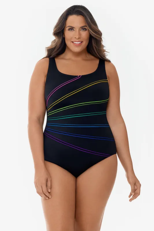Plus Size 7-Overlay Fan Tank Long Torso One Piece Swimsuit Colorblock sold by Longitude
