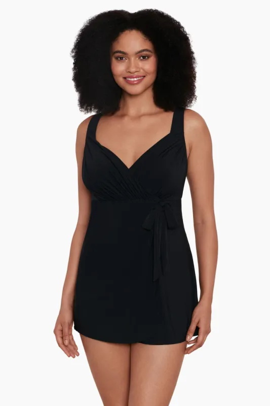 Long Torso Draped Crossover Flyaway Swim Dress - Night Gala made by Longitude