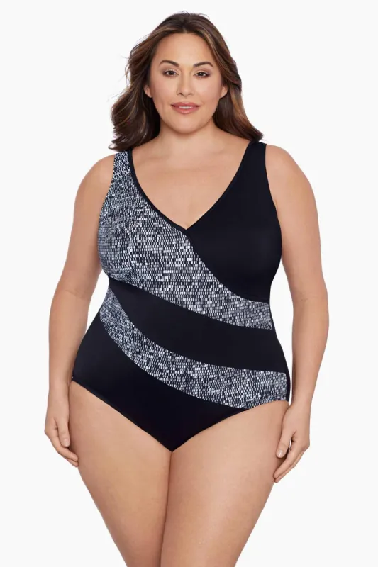 Madison Square Plus Size Long Torso Faux Surplice One Piece sold by Longitude