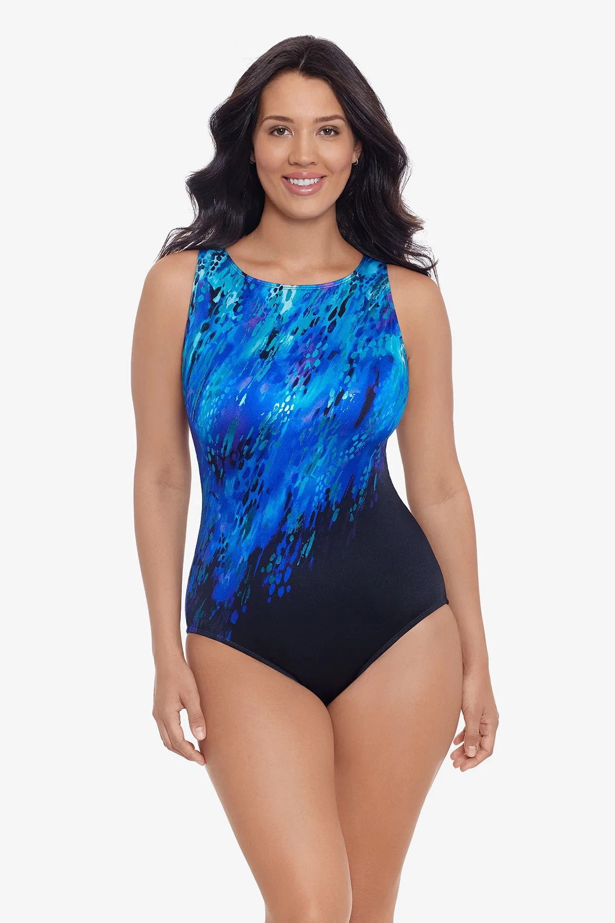 Panel Scoopback Highneck Long Torso One Piece Swimsuit Up Close & Purrsonal sold by Longitude