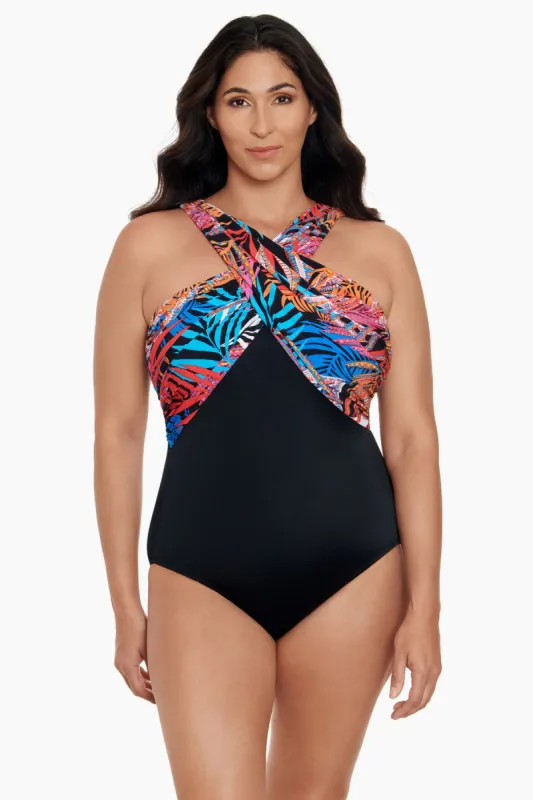 Long Torso Crossover Draped One Piece - Jungle Boogie sold by Longitude
